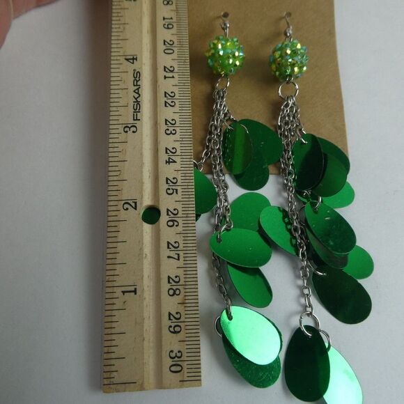 Silver Tone Green Rhinestone Tassel Dangle Chain Confetti Earrings Patrick's Day - Picture 5 of 6